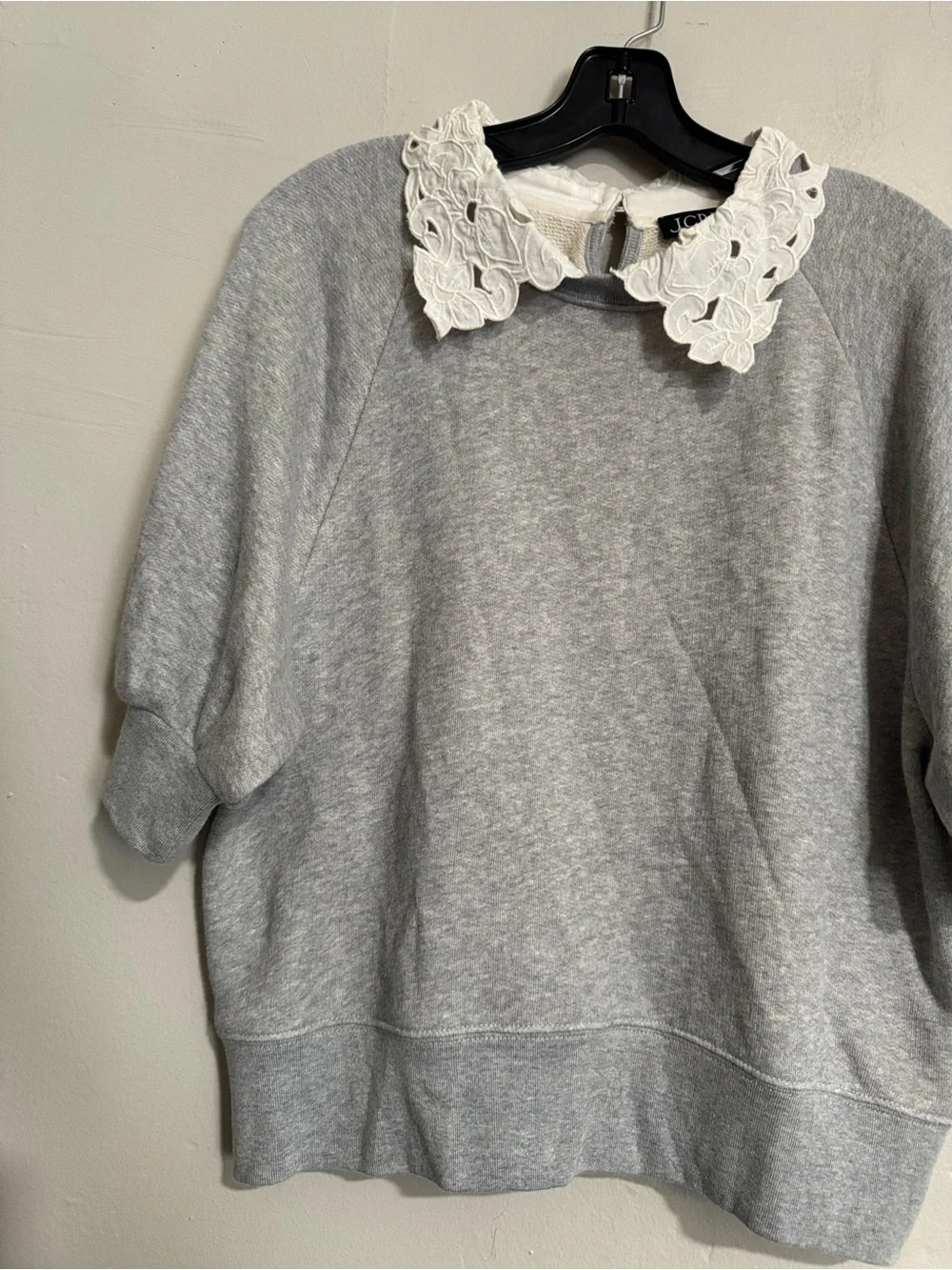 J. Crew Light Gray Puff-Sleeve Sweatshirt with White Floral Collar